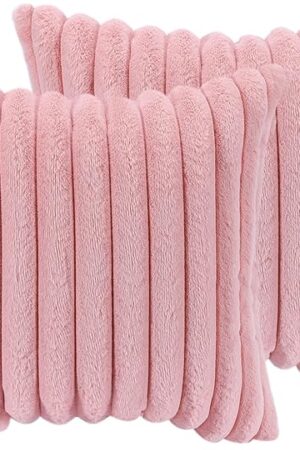 18x18 Throw Pillow Covers Set of 2, Decorative Faux Fur Covers for Bed, Couch Soft Fluffy Pillow Cover with Velvet Back for Living Room, Neutral Home Décor Accent for Sofa - Pink