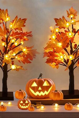 2 Pack Lighted Fall Maple Tree for Fall Decorations,USB & Battery Operated Artificial Fall Light up Trees for Home Party Indoor Outdoor Thanksgiving Autumn Harvest Decor