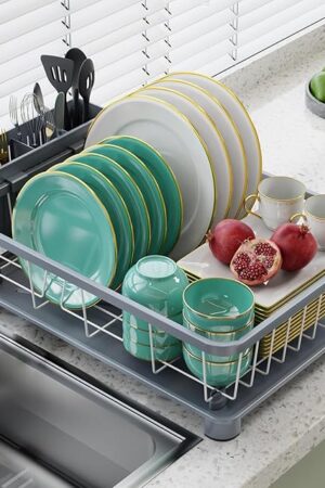 Dish Drying Rack - Space-Saving Dish Rack,Dish Racks for Kitchen Counter with Drainboard, Rustproof Dish Drainer with a Removable 4-Compartment Utensil Holder,Gray