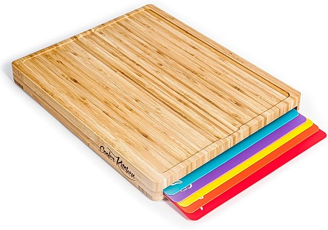 Cutting Boards for Kitchen – Bamboo Cutting Board Set with 6 Color-Coded Flexible Chopping Mats, Easy Clean Wood and Dishwasher-Safe Plastic, Large 17×12, Knife-Friendly by Cooler Kitchen