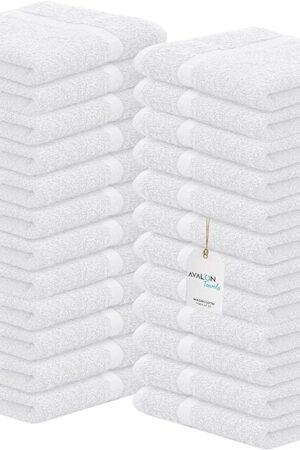 Avalon Towels Cotton Washcloths – (Pack of 24) Size 12x12 Inches, 100% Ring Spun Cotton, Soft & Absorbent Face Towels, Gym Towels, Hotel and Spa Quality, Reusable Fingertip Towels (White)