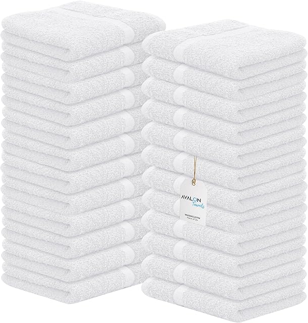 Avalon Towels Cotton Washcloths – (Pack of 24) Size 12x12 Inches, 100% Ring Spun Cotton, Soft & Absorbent Face Towels, Gym Towels, Hotel and Spa Quality, Reusable Fingertip Towels (White)