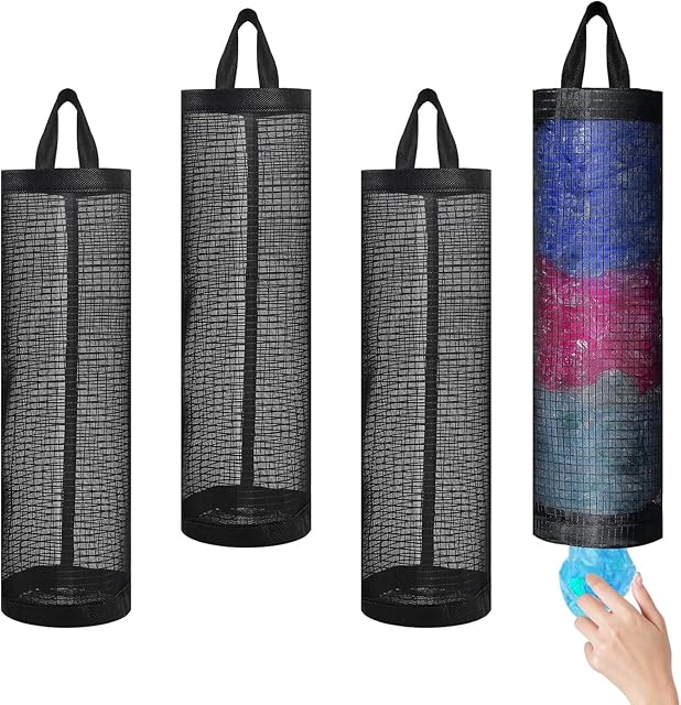4 Pcs Plastic Bag Holder for Grocery Bags, Hanging Storage Bags Plastic Mesh Bags Dispenser Organizer Trash Bags Grocery Shopping Bag Holder for Home And Kitchen