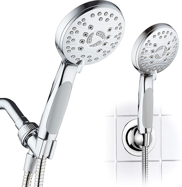 High Pressure 6-setting Luxury Handheld Shower Head – Extra Long 6 Foot Stainless Steel Hose – Anti Clog Jets – Anti Slip Grip – Top US Brand – Includes Extra Wall Bracket – Chrome Finish