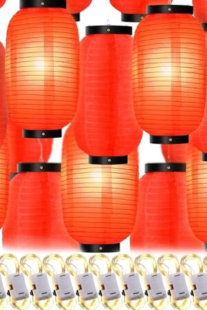 24 Pcs Traditional Japanese Style Red Silk Hanging Lantern Set Including 12 Pcs Paper Lanterns Japanese Decorations and 12 Lights for Chinese New Year Luna Festival Party Decoration DIY Crafts