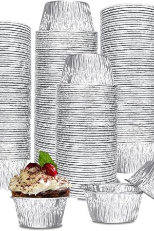 Aluminum Foil Baking Cups, 200 Pack Disposable 3 Oz Ramekins Aluminum Cupcake Muffin Liners Silver Foil Baking Cups for Egg Tart, Baking, Cupcake, Pudding, Appetize
