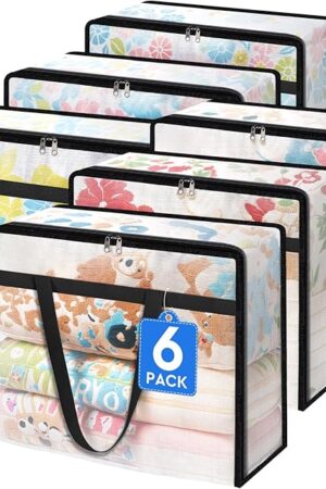 6 Pack Clear Storage Bags for Comforter, Clothes & Bedding, Plastic Blanket Storage with Zipper and Handle, Moving Bags, Closet Organizer and Under-Bed Storage (40L)