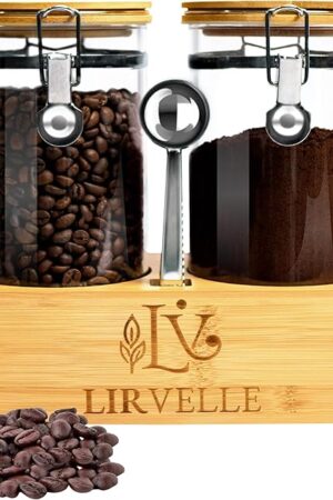 Airtight Coffee Canister with Scoop | Curated Glass Storage Set for Beans, Grounds & Sugar | 9-Piece Ritual Organizer with Bamboo Base, Versatile Artisan Spoon, Labels & Cleaning Brush
