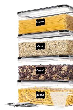 Vtopmart Airtight Food Storage Containers with Lids 4PCS Set 3.2L, Plastic Spaghetti Canisters for Pasta organizer, BPA Free Air Tight Kitchen Pantry Organization