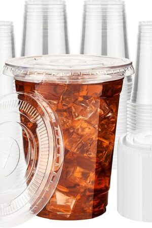 YEEHAW 16 oz 100 Pack Disposable Iced Coffee Cups with Lids, Clear Plastic Cups with Lids, Cold Crystal Drink Cup for Party