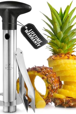 Zulay Kitchen Stainless Steel Pineapple Corer & Slicer – Heavy-Duty Pineapple Cutter with Reinforced Blade & Eye Removal Tool – Effortless Pineapple Core Remover & Slicer - Black