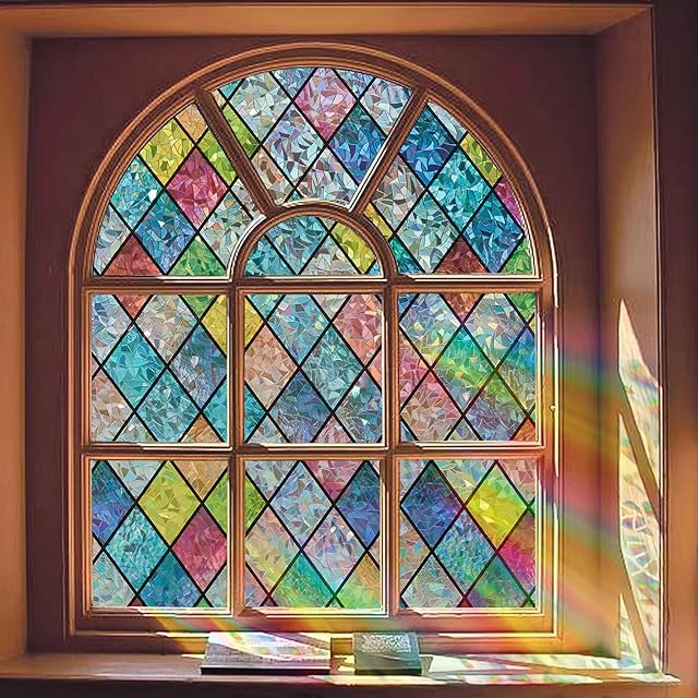 Window Privacy Film, Static Cling Stained Glass Window Film Decorative, Non-Adhesive 3D Rainbow Frosting Film Anti-UV for Bathroom Home Door 17.5" x 78.7"