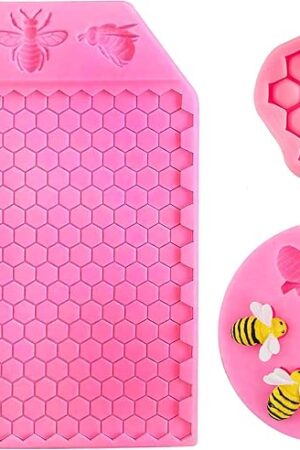 3Pcs Bumble Bee Silicone Mold, Honeycomb and Bee Fondant Molds Kit, Beehive Baking Chocolate Molds for Cupcake Cake Decorating, DIY Fondant Candy Cookies Crafting,Party Wedding Cake Crafts (Pink)
