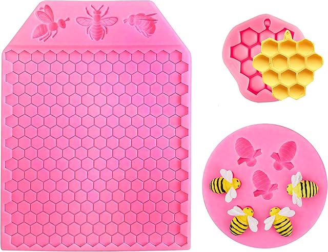 3Pcs Bumble Bee Silicone Mold, Honeycomb and Bee Fondant Molds Kit, Beehive Baking Chocolate Molds for Cupcake Cake Decorating, DIY Fondant Candy Cookies Crafting,Party Wedding Cake Crafts (Pink)