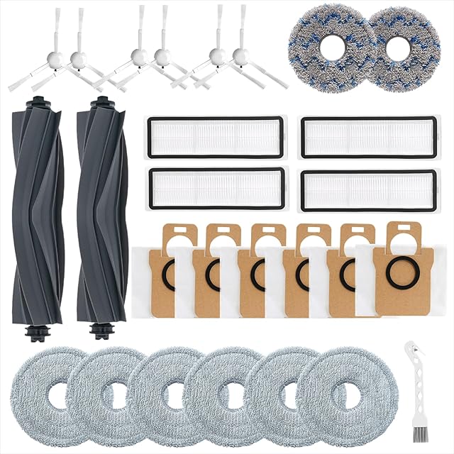 27Pcs Replacement Parts for Dreame L10S Ultra/L10s Pro Gen2/L10S Pro/L10S Plus Vacuum Cleaner Accessories Kit,2 Main Brush,4 HEPA Filters,8 Mop Pads,6 Dust Bags,6 Side Brushes,1 Cleaning Brush