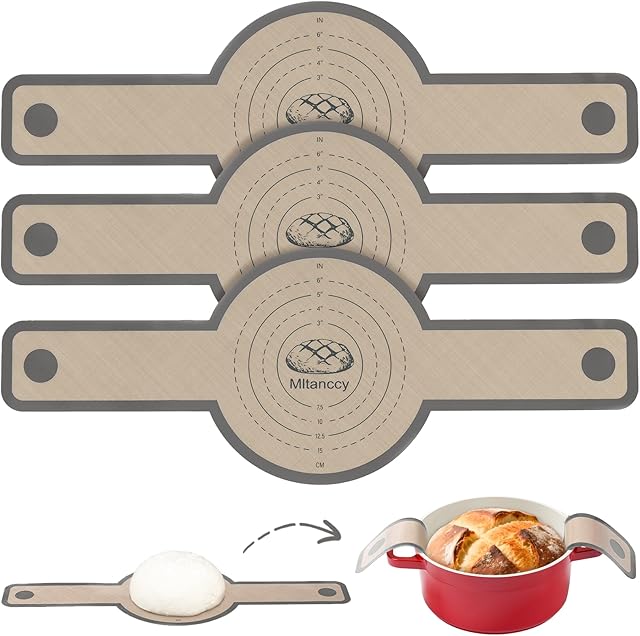 3 PCS Silicone Bread Sling for Dutch Oven Liners, Non Stick & Easy to Clean Silicone Bread Baking Mat with Extra Long Handles, Reusable Round Silicone Baking Mats to Transfer Sourdough Bread