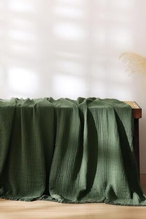 100% Cotton Muslin Throw Blanket for Bed, Couch, Small, Decorative, Soft, Pre-Washed, Breathable and Lightweight Gauze Blanket with Tassels, Suitable for All Seasons, Olive Green, 50"x60"