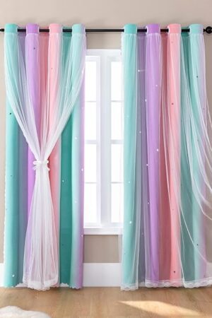 XiDi Curtains for Girls Bedroom Decor, Rainbow Blackout Curtains for Kids Room Decor, Purple for Little Girl Room, Unicorn Wall Decals Pink Curtains Green, 63 Inches Long 34 Wide 1 Panel