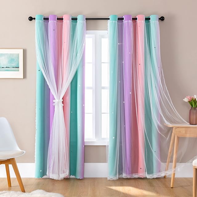 XiDi Curtains for Girls Bedroom Decor, Rainbow Blackout Curtains for Kids Room Decor, Purple for Little Girl Room, Unicorn Wall Decals Pink Curtains Green, 63 Inches Long 34 Wide 1 Panel