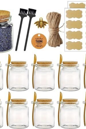 Ahhute Glass Sugar Scrubs Jars, Bath Salt Container 8oz, Salt Cellar with Spoon, Honey Scrubs Jars w/Lids, Labels and Cleaning Brush, Set of 12