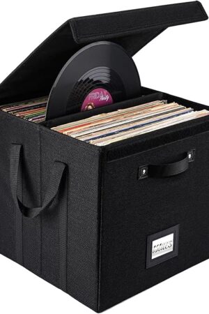 Vinyl Record Storage Box - 13 Inch Linen Fabric Case for LP Album Storage, Stackable & Collapsible Organizer Crate Cube Bins with Lid for 120+ Singles