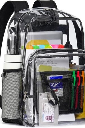 Clear Backpack for School, 17 inch Large Heavy Duty-TPU See Through Bookbag for Boys Girls and Adult, Transparent Backpack With Multi-Pockets for College Work Gym Sport, Black