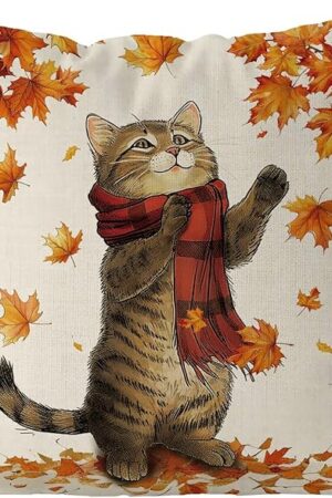 Ciazoxa Fall Pillow Covers 18x18 Inch Cat Maple Leaves Throw Pillow Covers Autumn Harvest Pillowcase Farmhouse Home Decorations Sofa Bedroom Cushion Case