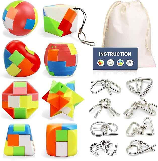 The 16 Pack Brain Teasers Puzzles for Kids & Adults, Brain Teasers Metal IQ Toys Puzzle Mind Game 3D Coil Cast Wire Unlock Interlock Magic Ball Puzzles for Teenagers