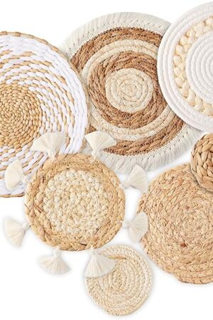 7 Pack Boho Wall Basket Decor - Seagrass Rattan Wicker Wall Decor Round Handmade Hanging Rustic Flat Elegant Wall Art for Farmhouse Living Rooms Bedrooms Display Table Settings Kitchen Home