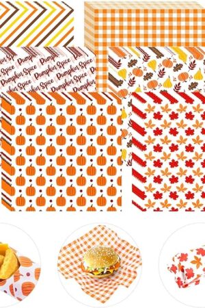 240Pcs Fall Wax Paper Dry Waxed Deli Paper Sheet 12x12 inch Sandwich Wrap Pumpkin Maple Leaf Checkered Decorative Parchment Papers Food Basket Liners for Autumn Harvest Home Kitchen Picnic Party