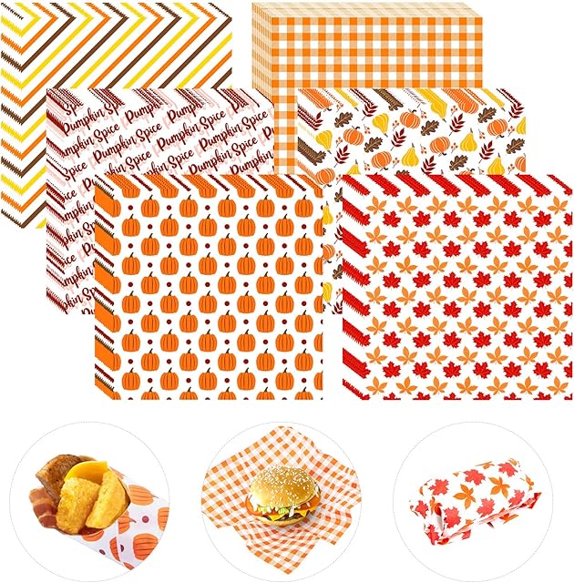 240Pcs Fall Wax Paper Dry Waxed Deli Paper Sheet 12x12 inch Sandwich Wrap Pumpkin Maple Leaf Checkered Decorative Parchment Papers Food Basket Liners for Autumn Harvest Home Kitchen Picnic Party