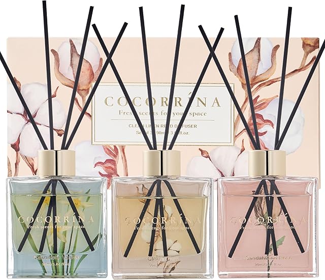 COCORR?NA Reed Diffuser Set of 3-3 Pack/ 3.04 Fl.oz Diffuser with 24 Sticks Cashmere Vanilla/Sandalwood Rose/Clean Linen Reed Diffuser for Home Bathroom Office Decor