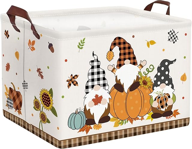 Clastyle Large Buffalo Plaid Gnome Pumpkin Basket Farm Harvest Maple Leaf Polka Dot Toy Storage Bin Sunflower Turkey Clothes Book Shelf Basket