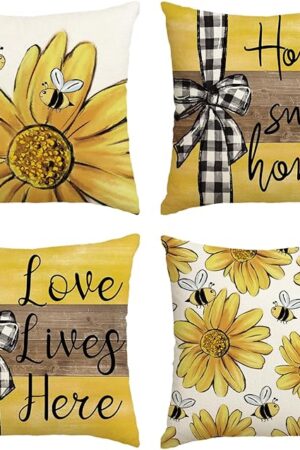 AVOIN colorlife Home Sweet Home Bee Sunflower Throw Pillow Covers, 18 x 18 Inch Love Lives Here Spring Summer Stripes Cushion Case for Sofa Couch Set of 4