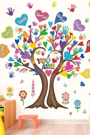 wondever Large Hearts Tree Handprint Wall Stickers Classroom Tree Inspirational Quotes You are Strong Peel and Stick Wall Art Decals for Kids Room Elementary School Teacher Classroom