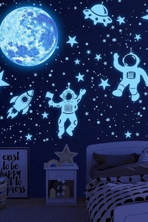 1017Pcs Glow in The Dark Stars for Ceiling Glow in The Dark Moon and Planet Wall Decal Luminous Astronaut Universe Galaxy Space Wall Stickers for Kids Boys Bedroom Blue