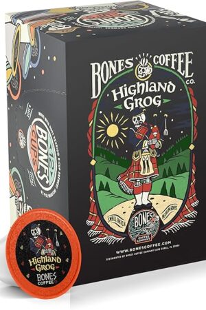 Bones Coffee Company Flavored Coffee Bones Cups Highland Grog Butterscotch Caramel | 12ct Single-Serve Coffee Pods Compatible with Keurig 1.0 & 2.0 Keurig Coffee Maker