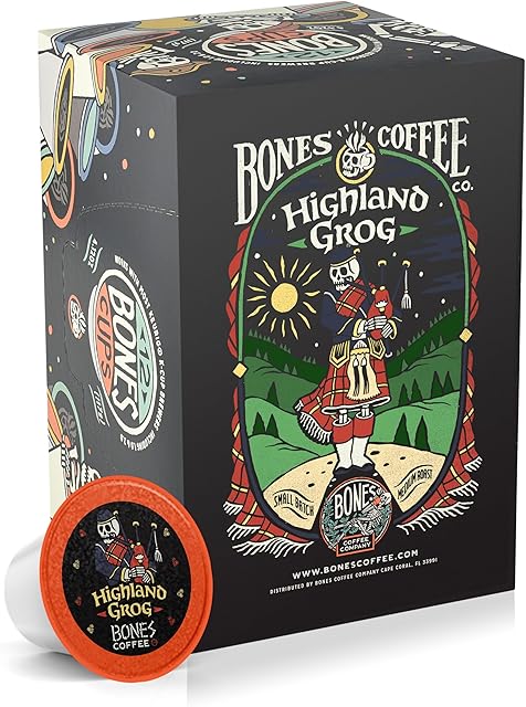 Bones Coffee Company Flavored Coffee Bones Cups Highland Grog Butterscotch Caramel | 12ct Single-Serve Coffee Pods Compatible with Keurig 1.0 & 2.0 Keurig Coffee Maker