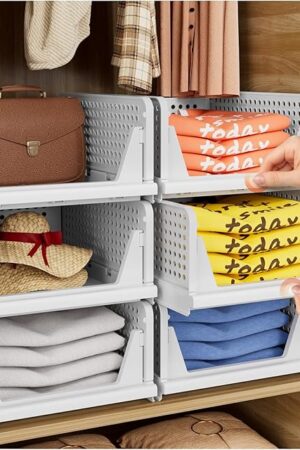 CTSNSLH 5 Pack Folding Closet Organizers Storage Box, Stackable Storage Bins, Plastic Drawer Basket Closet Storage for Wardrobe Cupboard Kitchen Bathroom Office White-5L