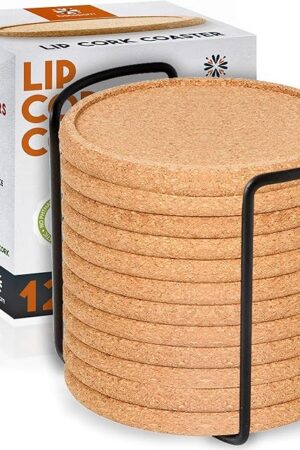 Cork Coasters with Lip for Drinks Absorbent | 12 Set 4 Inch Thick Rustic Saucer with Metal Holder Heat & Water Resistant | Best Reusable Natural Round Coasters for Bar Glass Cup Table