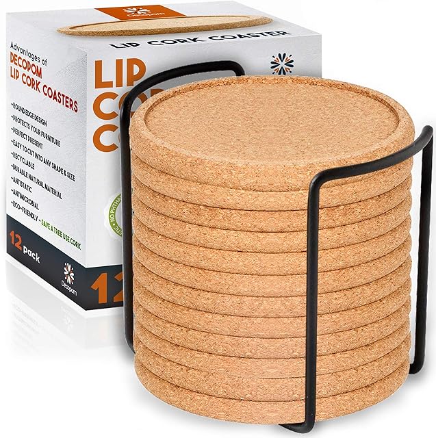 Cork Coasters with Lip for Drinks Absorbent | 12 Set 4 Inch Thick Rustic Saucer with Metal Holder Heat & Water Resistant | Best Reusable Natural Round Coasters for Bar Glass Cup Table