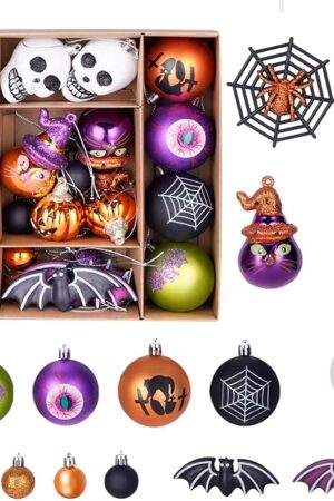 28Pcs Halloween Ball Ornaments Set, Shatterproof Hanging Halloween Tree Ornaments with Spider, Pumpkin, Skull Design for Indoor&Outdoor Holiday Party Decoration