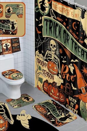 8 Pcs Halloween Shower Curtain Set for Bathroom Include Vintage Ghost Pumpkin Bat Cat Towels Non Slip Skull Rugs Toilet Lid Cover Spider Web Bath Mat and 12 Hooks for Halloween Bathroom Decor