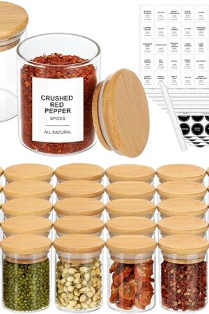 4OZ Glass Spice Jars with Bamboo Lids and 315 Labels, 32 Pcs Clear Food Storage Containers for Kitchen Sugar Salt Coffee Tea Beans