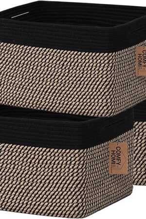 COMFY-HOMI 3PACK Cotton Rope Square Basket with Handles for Shelves|Dog Toy Bin and Storage|Baby Gift|Shoe Organizer|New 13.5" x 11" x 9.5" for Living Room (Black/Jute)