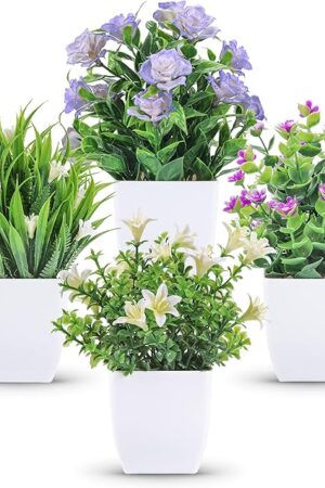 Der Rose 4 Pack Small Fake Plants Mini Artificial Faux Plants Indoor with Flowers Spring Decorations for Home Room Farmhouse Desk House Bathroom Decor