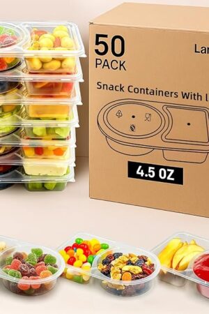 50 Sets Reusable snack containers with lids, Disposable Double Compartment Plastic Container for Sauce Snack,Condiment Container with Lid