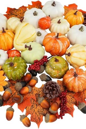 Winlyn 60 Pcs Assorted Small Artificial Pumpkins and Gourds with Acorns Pinecones Maple Leaves Sunflowers Fall Harvest Decoration Set for Thanksgiving Halloween Bowl Filler Table Centerpiece Wreaths