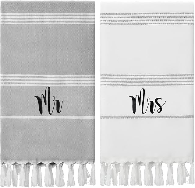 Preboun 2 Pcs Mr and Mrs Turkish Beach Towels Decorative Mr and Mrs Gift Embroidery Stripe Turkish Beach Towels for Honeymoon Newlywed Couple Wedding Gift 71 * 39 inch(Grey, White)