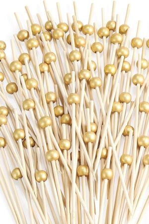 200 Pcs Cocktail Picks, 4.7 Inch Toothpicks for Appetizers, Bamboo Cocktail Sticks Skewers for Drinks, Desserts, Charcuterie, Wedding Party Fancy Toothpicks, Gold Pearl Mini Food Picks Decorative